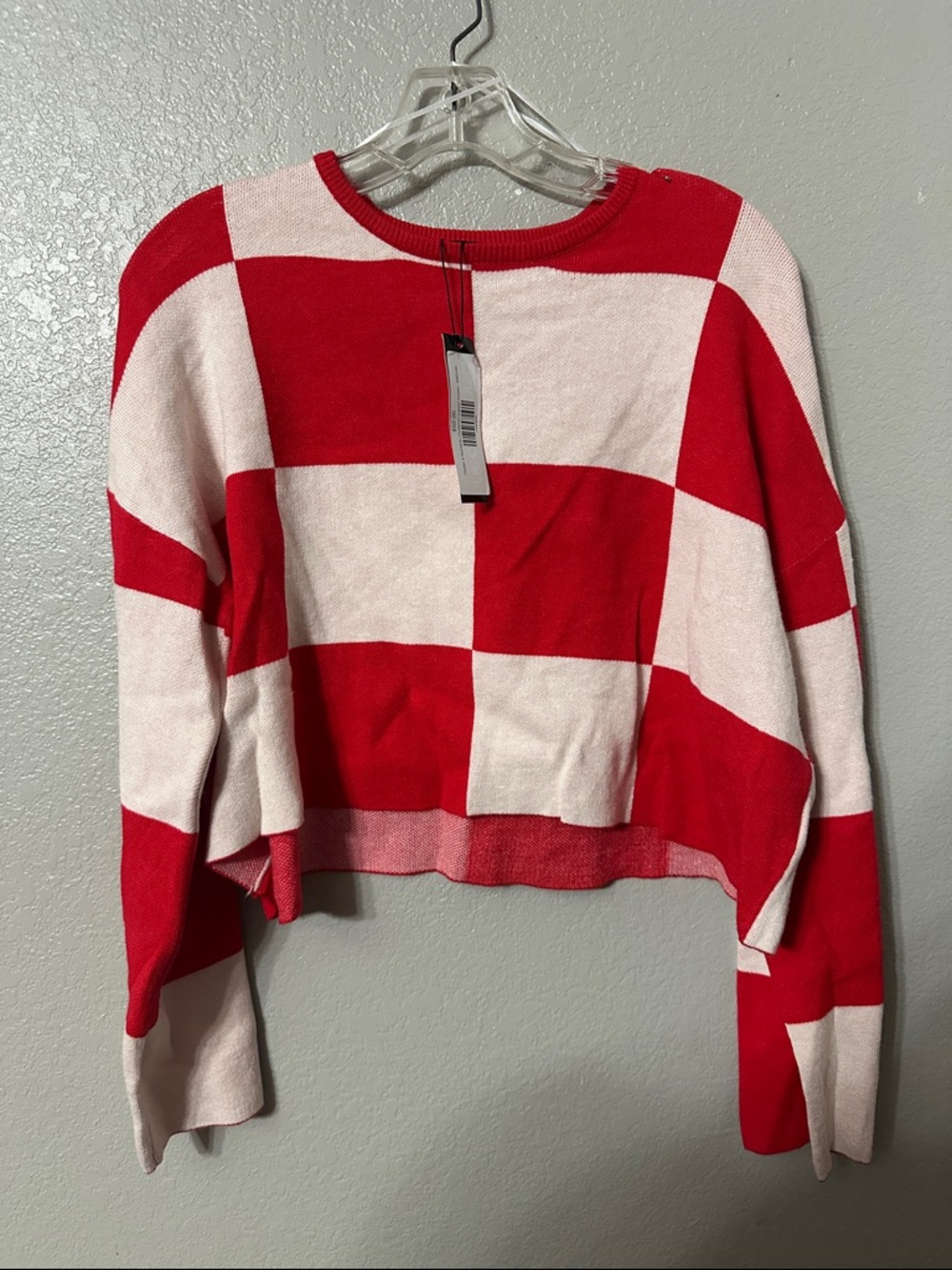 Papermoon Red & Cream Checkerboard Cropped Sweater
